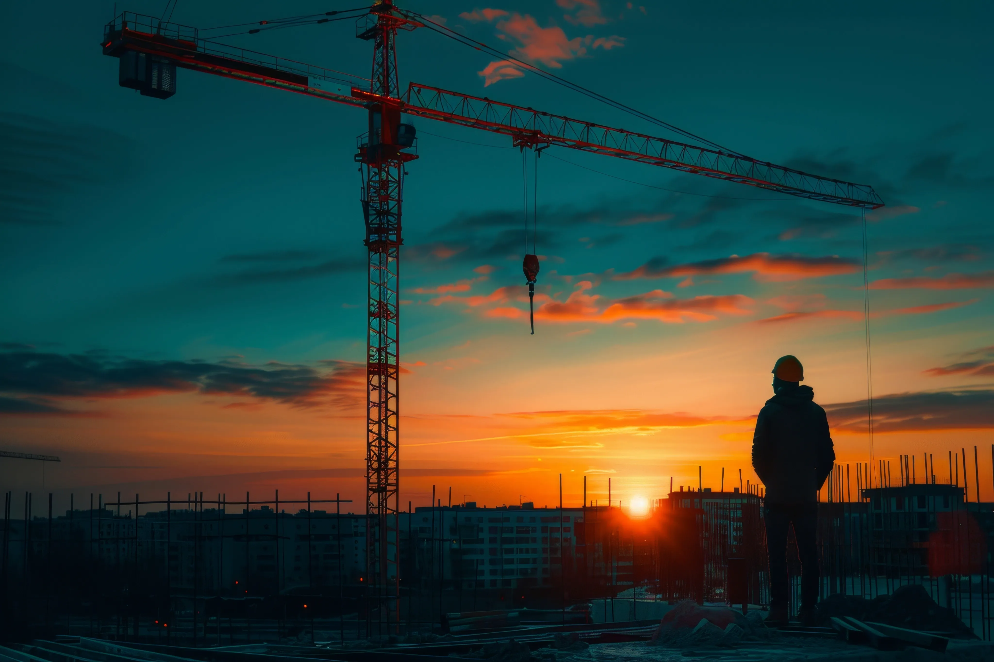 Trabalhador de construção civil no pôr do sol